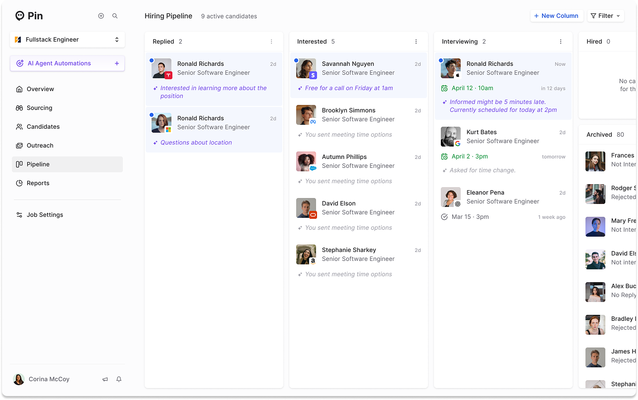 Pin recruiting CRM — visual hiring pipeline with candidate cards across stages