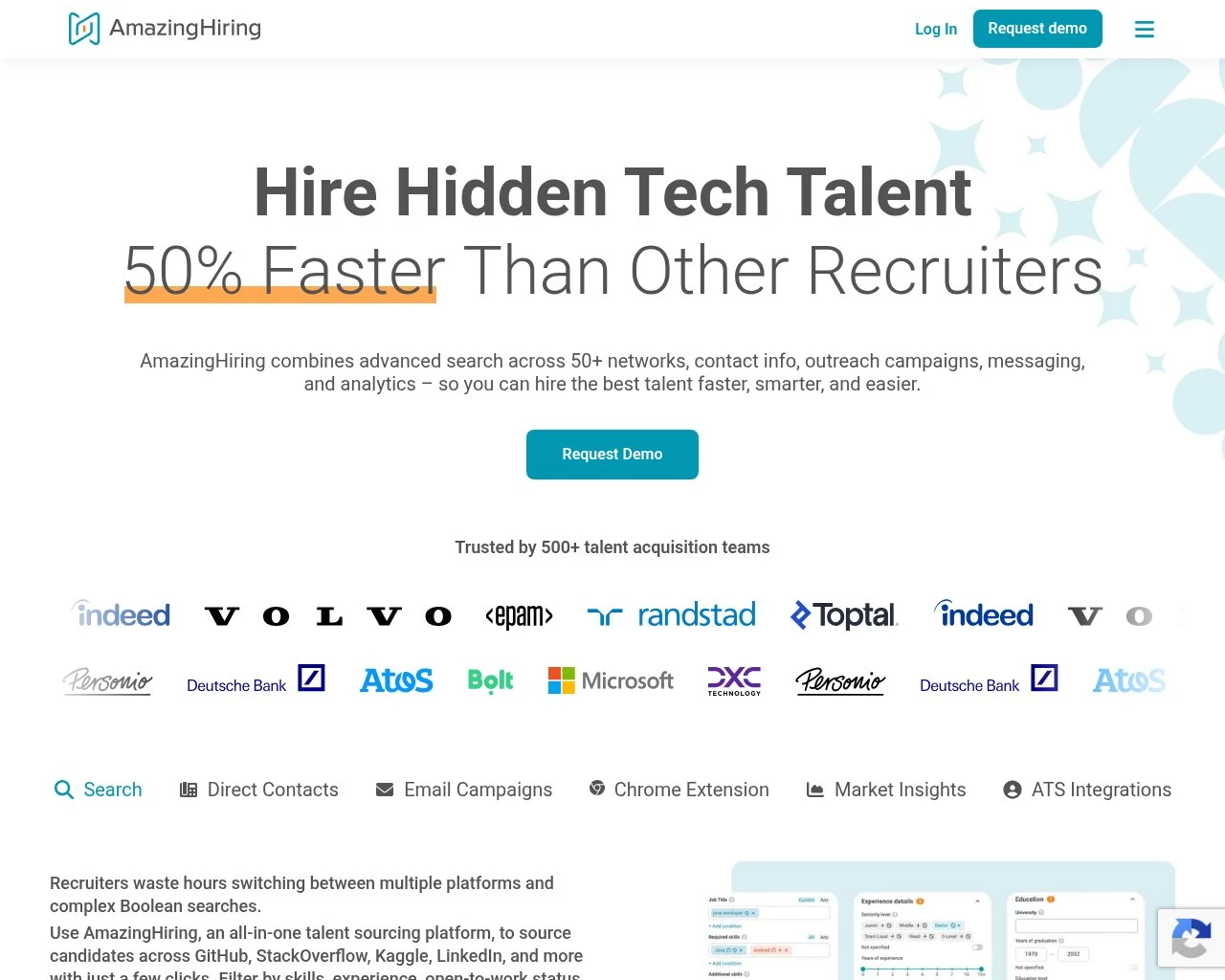 Screenshot of the AmazingHiring website homepage