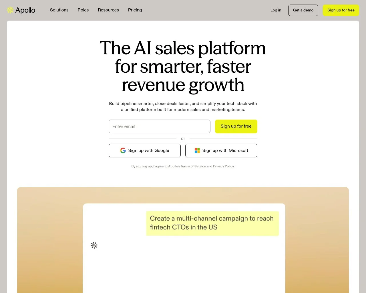Screenshot of the Apollo.io B2B contact database homepage
