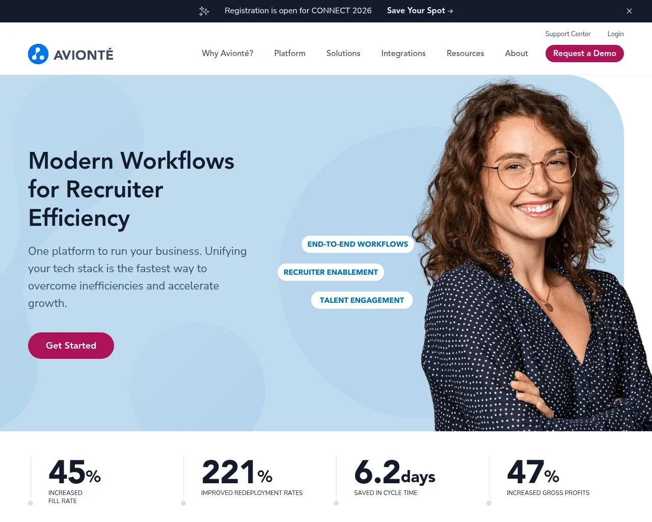 Screenshot of the Avionté website homepage