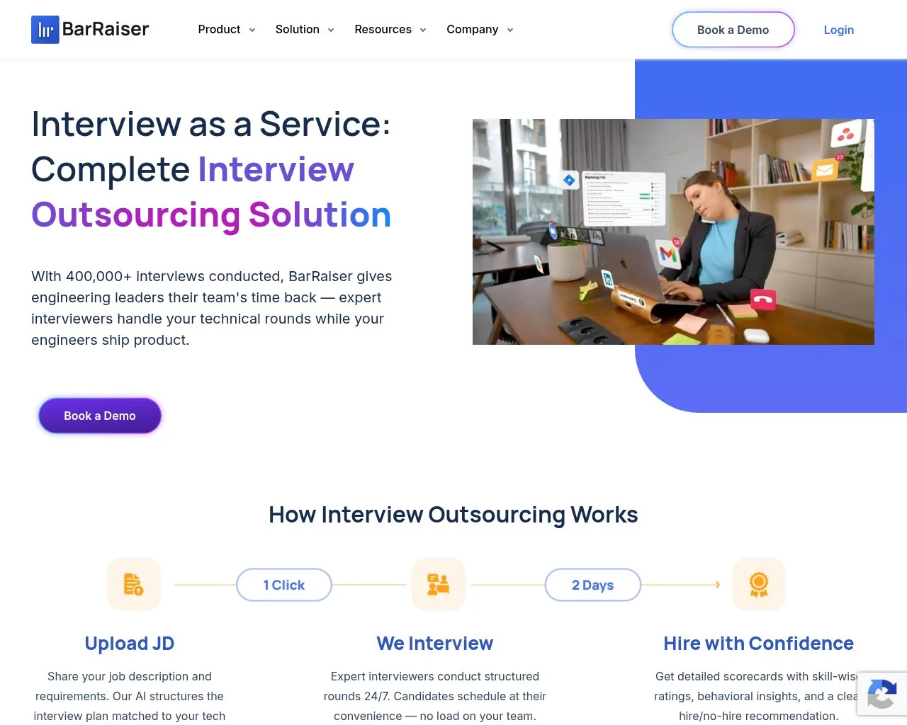 BarRaiser homepage showing its interview-as-a-service and structured technical scorecard offering