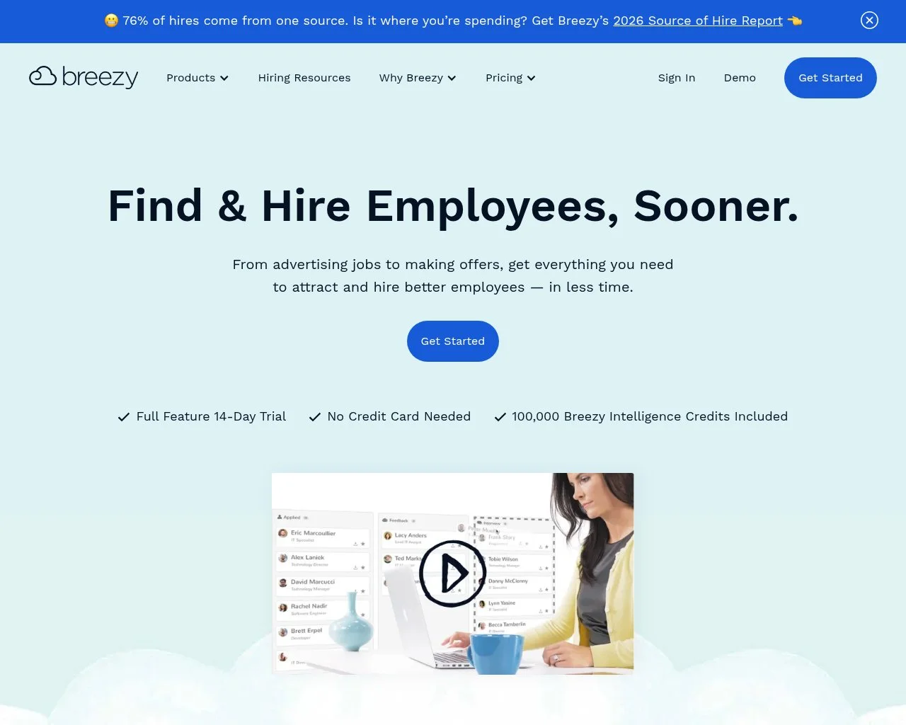 Screenshot of the Breezy HR website homepage