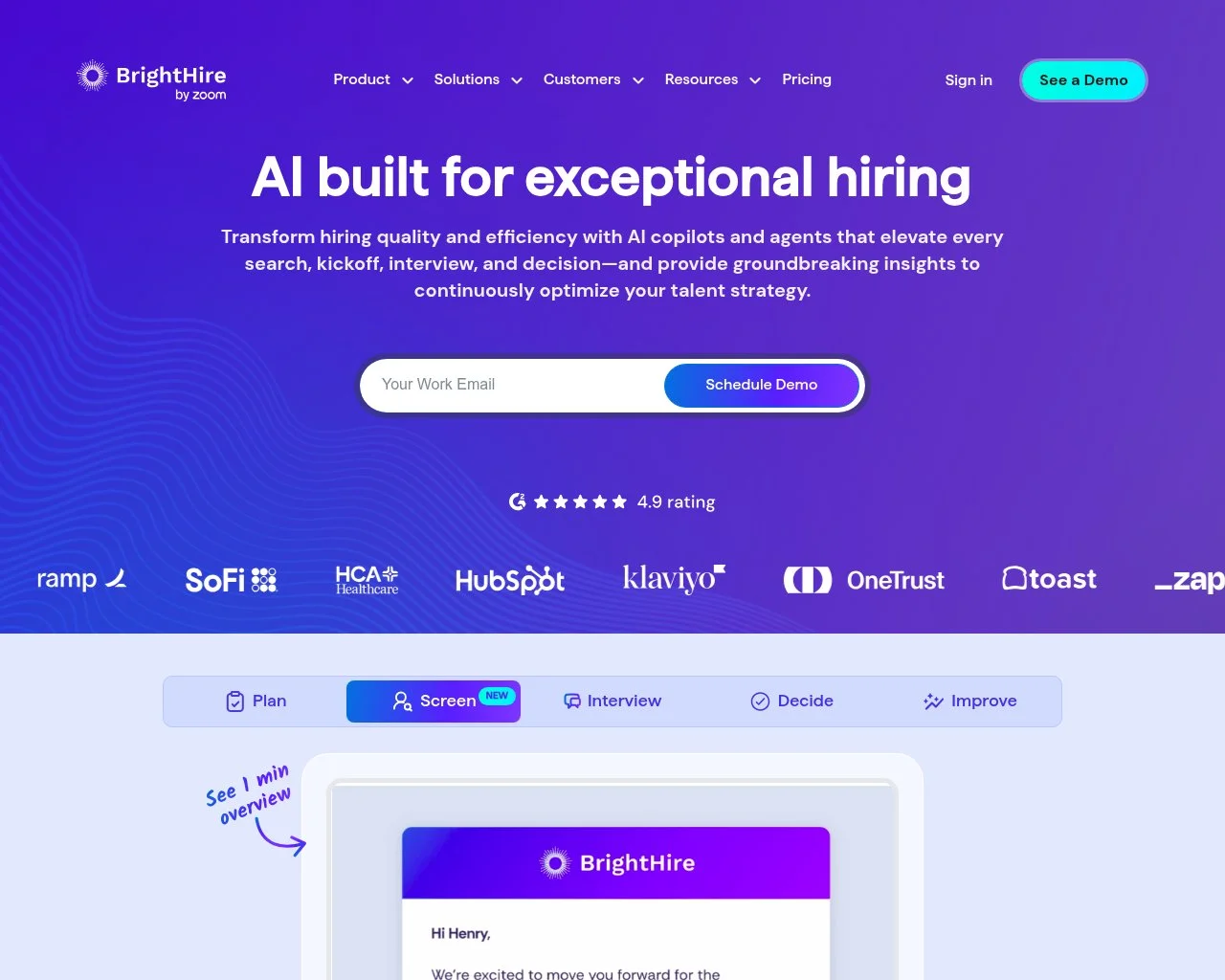 Screenshot of the BrightHire website homepage