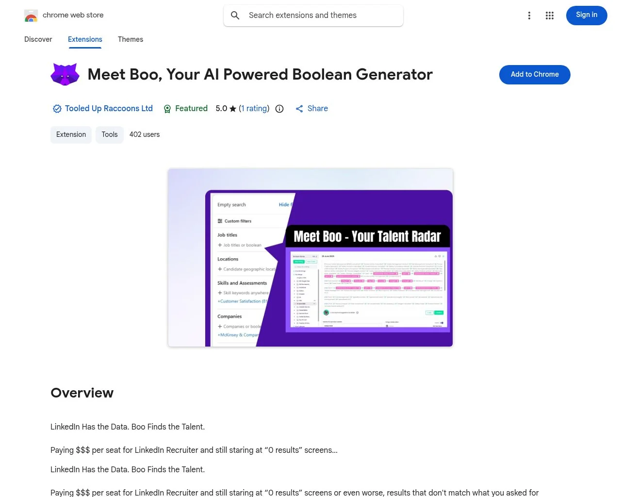 Screenshot of the Boo Boolean generator Chrome Web Store listing