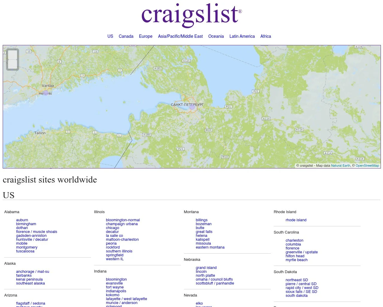 Screenshot of the Craigslist sites directory page