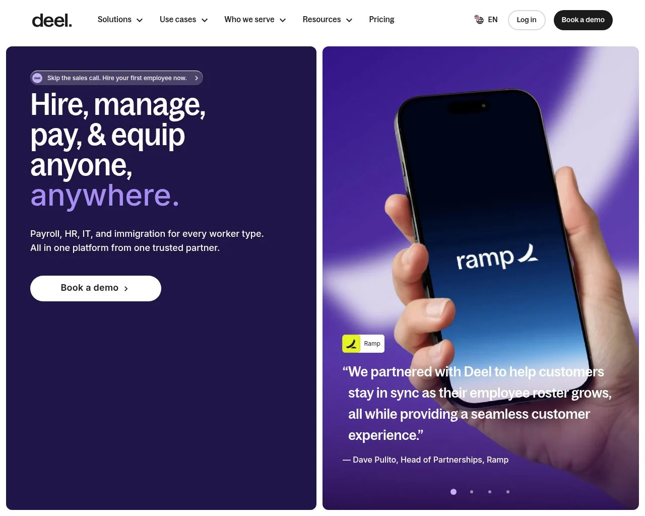 Screenshot of the Deel website homepage