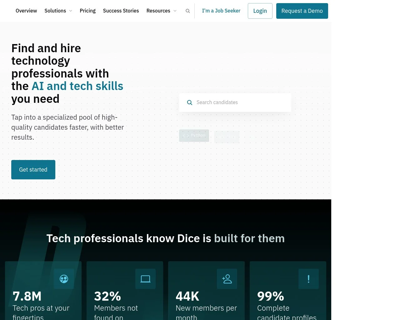 Screenshot of the Dice for Employers homepage