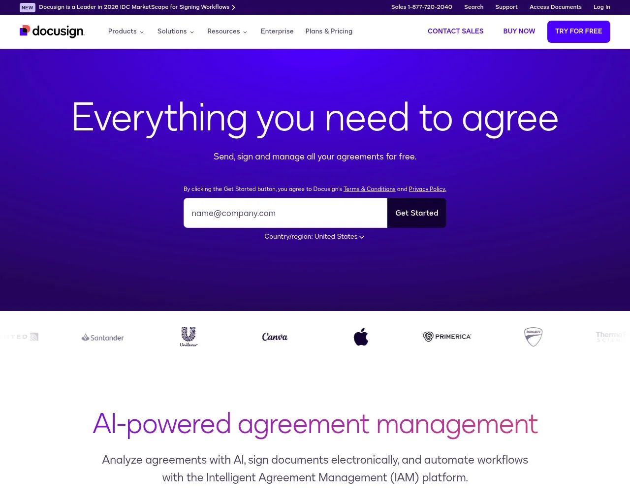 Screenshot of the DocuSign website homepage