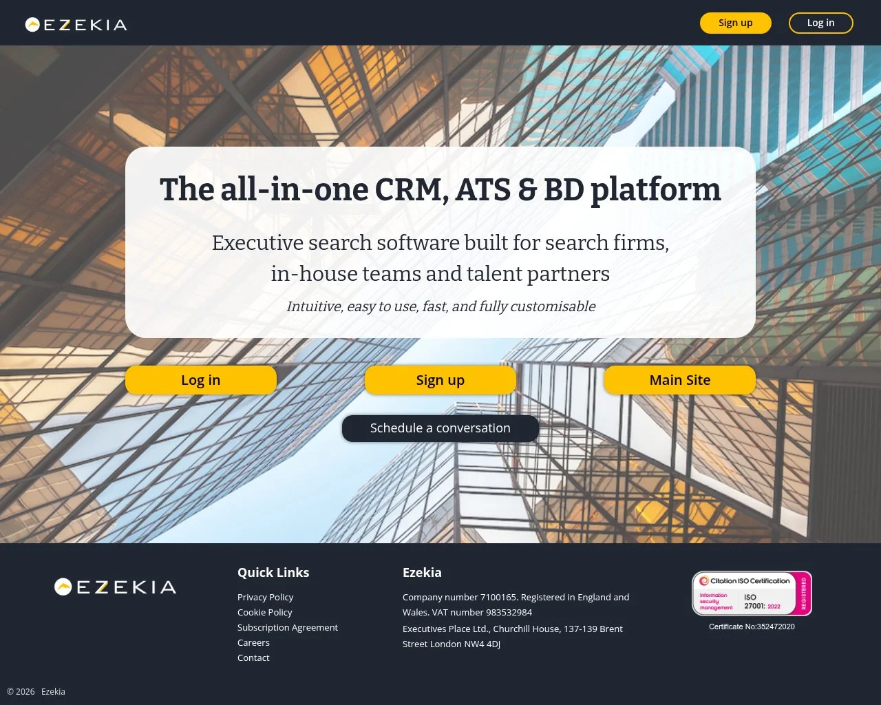 Screenshot of the Ezekia website homepage
