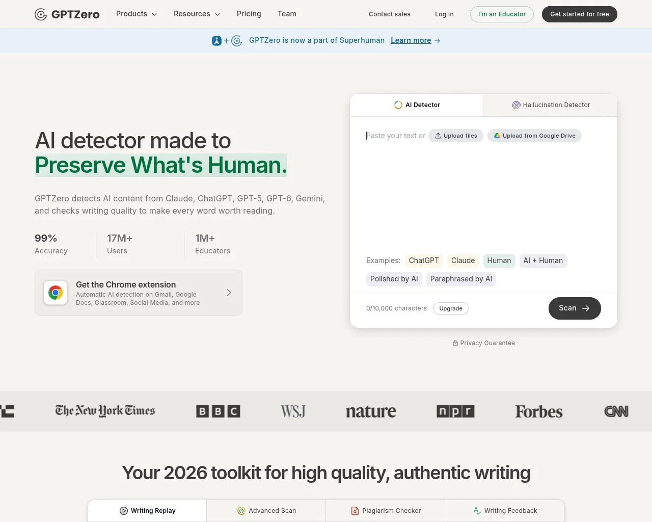GPTZero homepage screenshot