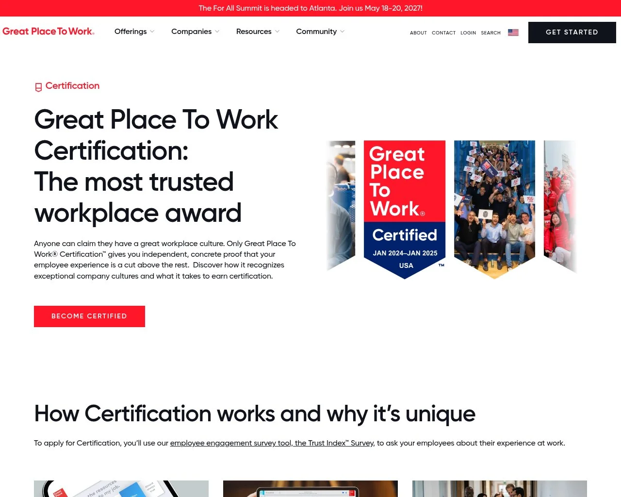 Screenshot of the Great Place to Work certification page