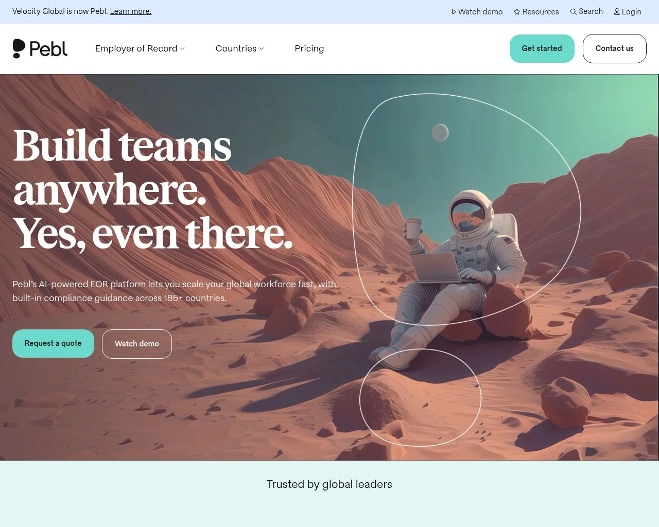 Screenshot of the Pebl website homepage