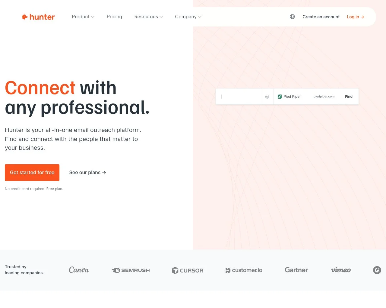 Screenshot of the Hunter.io email finder homepage
