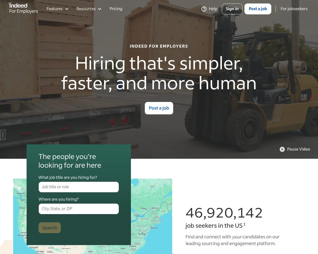 Screenshot of the Indeed employer homepage