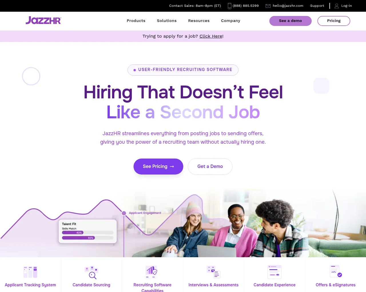 Screenshot of the JazzHR website homepage