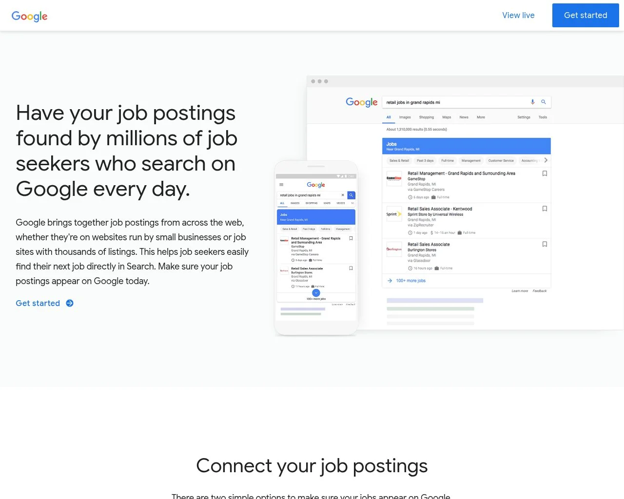 Screenshot of the Google for Jobs homepage