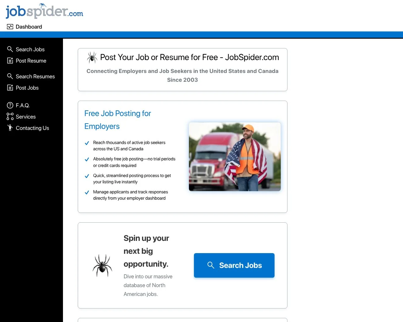 Screenshot of the JobSpider homepage