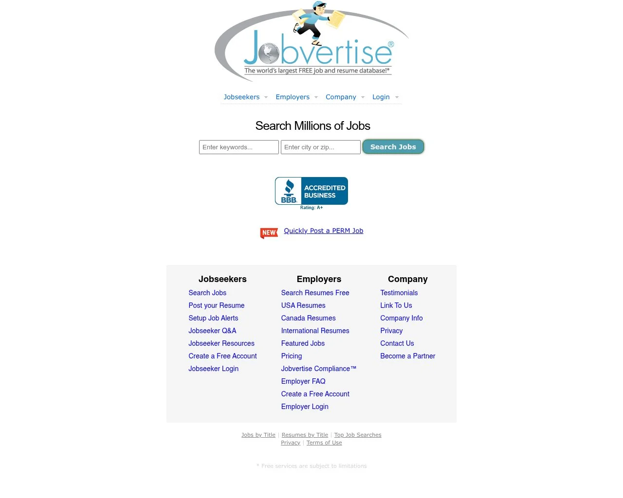 Screenshot of the Jobvertise homepage