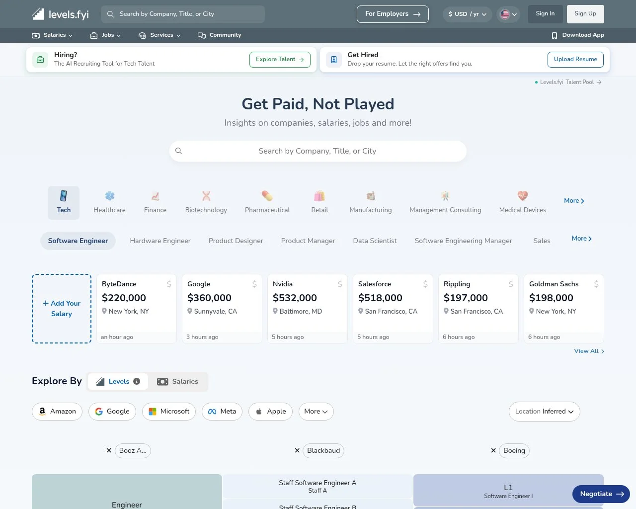 Screenshot of the Levels.fyi website homepage