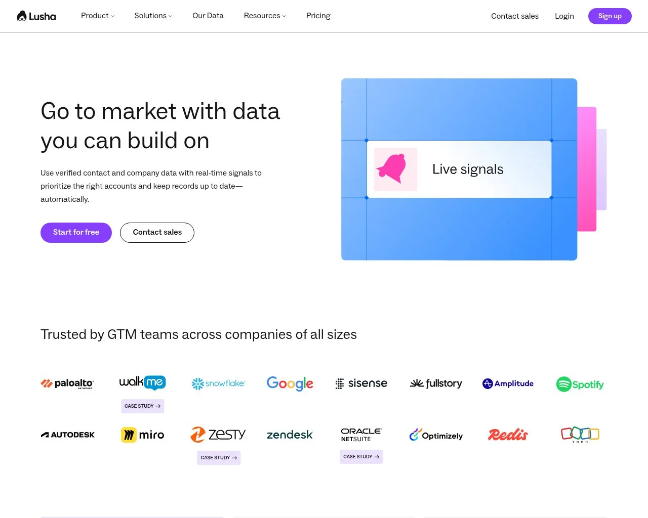 Screenshot of the Lusha contact data platform homepage