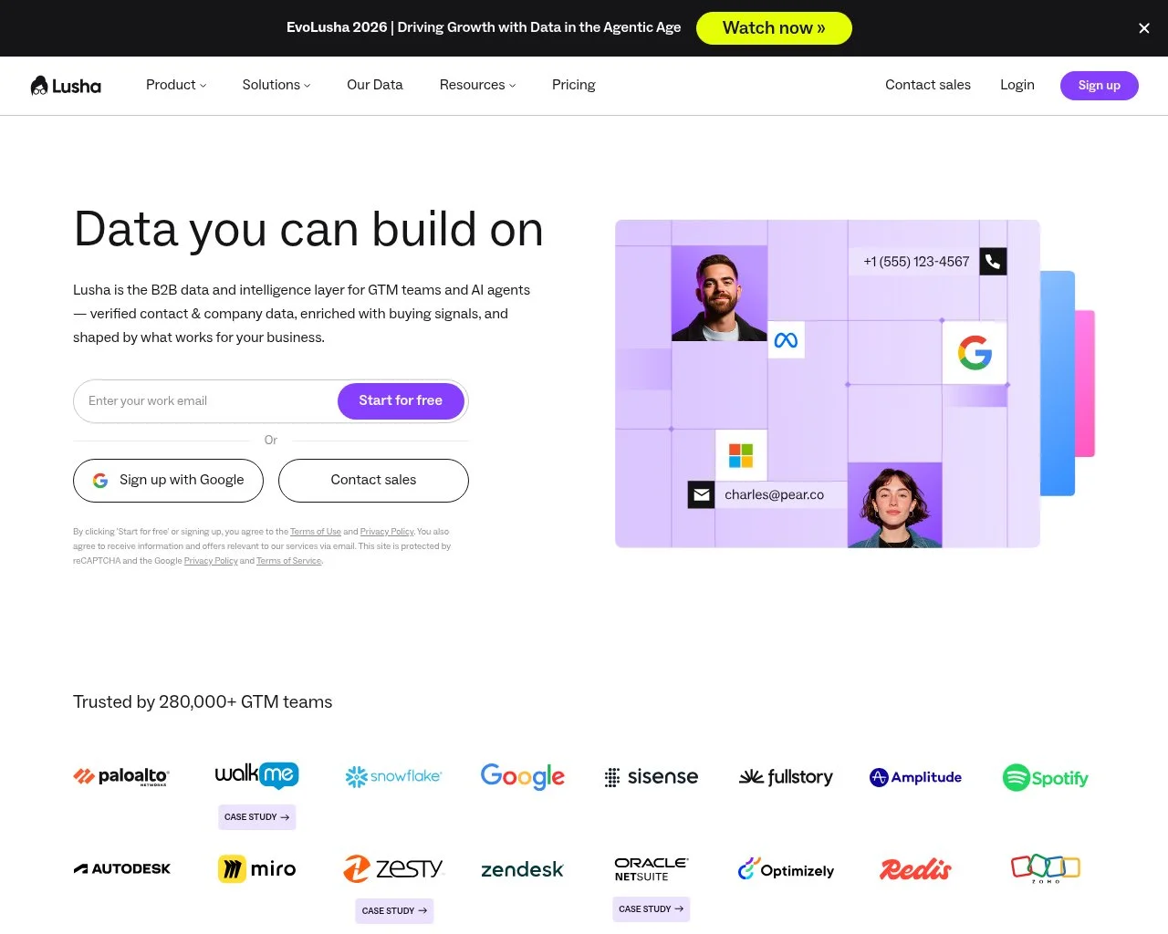 Screenshot of the Lusha website homepage