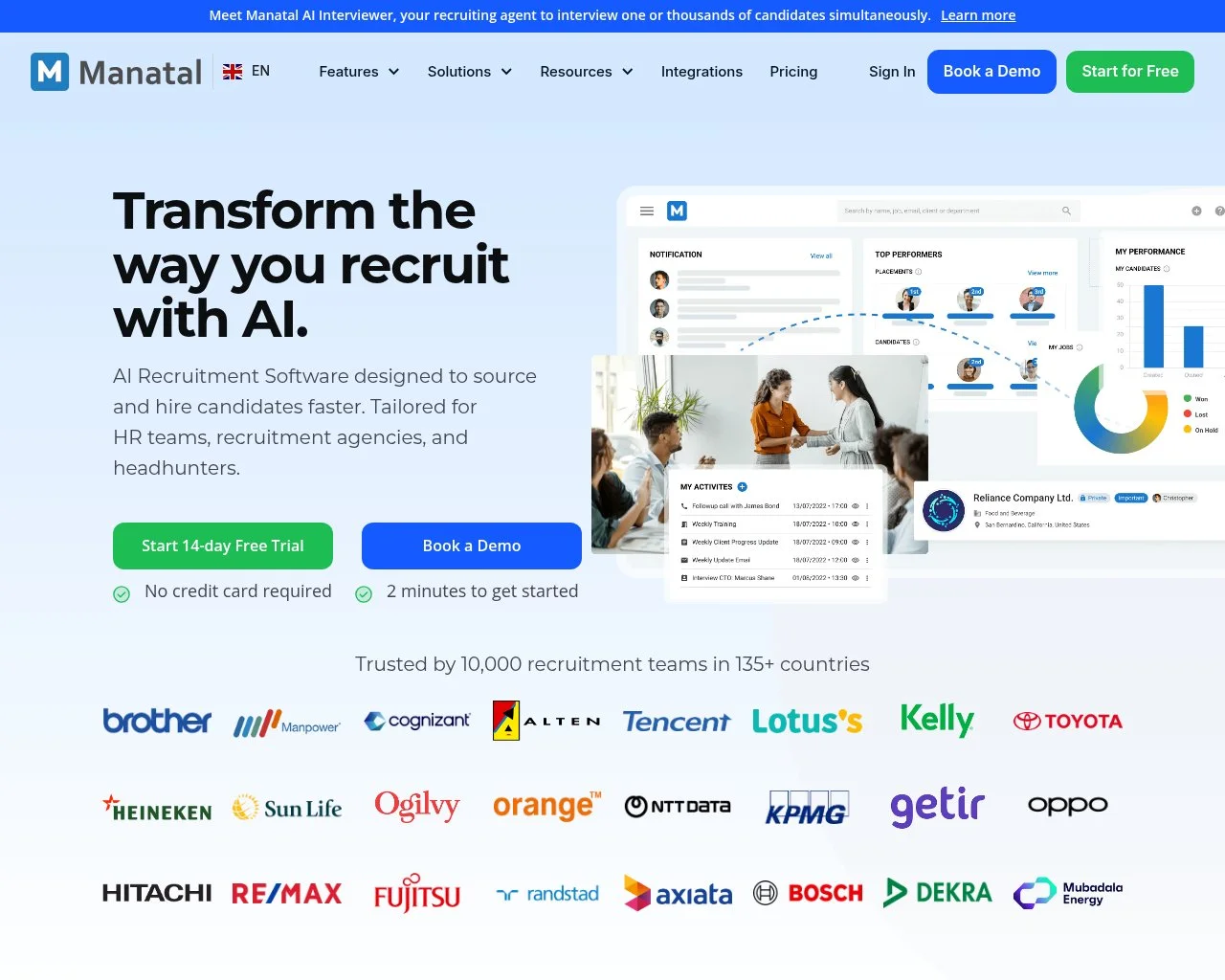 Screenshot of the Manatal website homepage