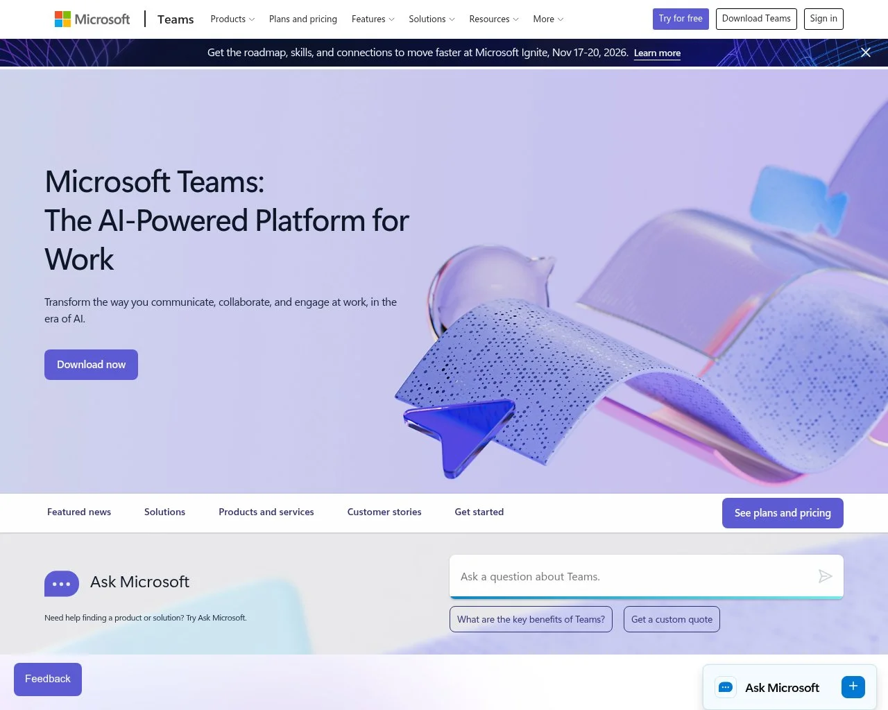 Microsoft Teams product page showing its meeting and collaboration platform with built-in recording