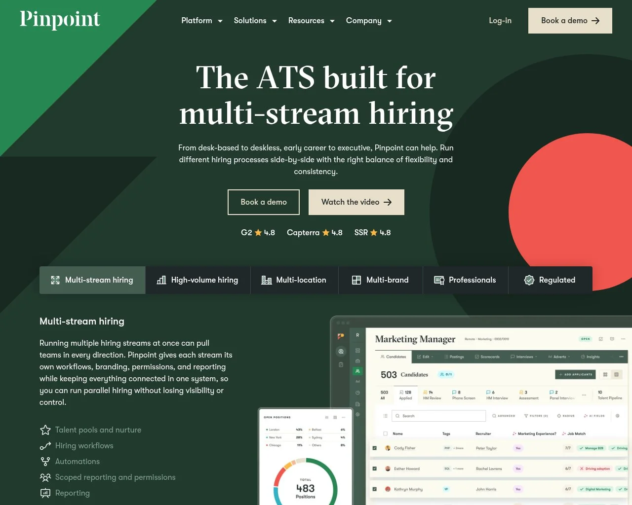 Screenshot of the Pinpoint applicant tracking system homepage