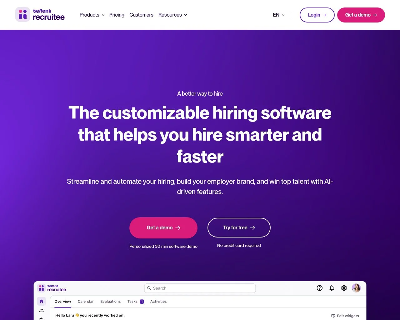 Screenshot of the Recruitee website homepage