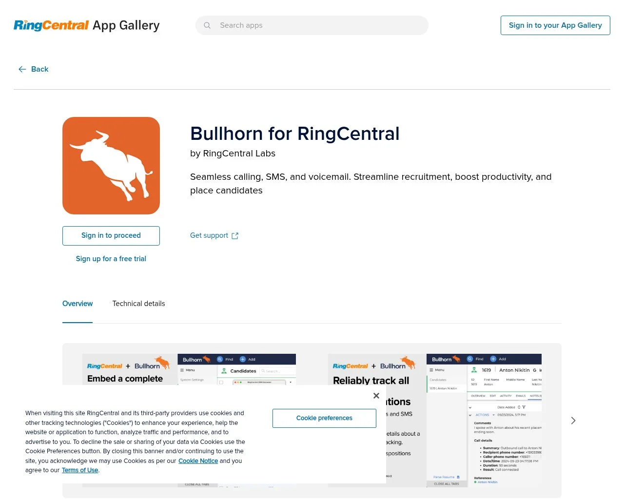Screenshot of the Bullhorn for RingCentral app gallery page