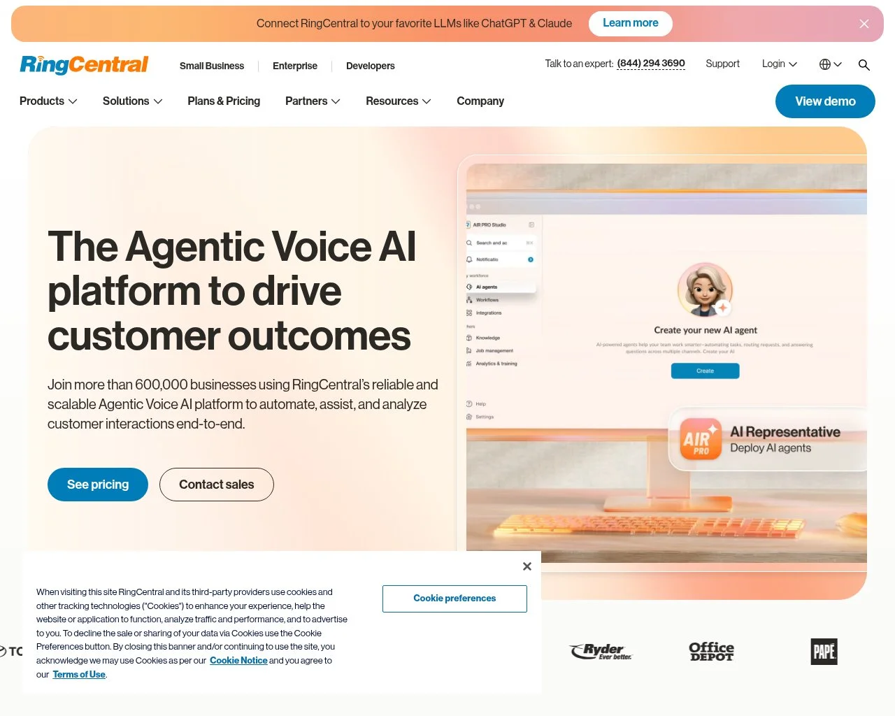 Screenshot of the RingCentral website homepage