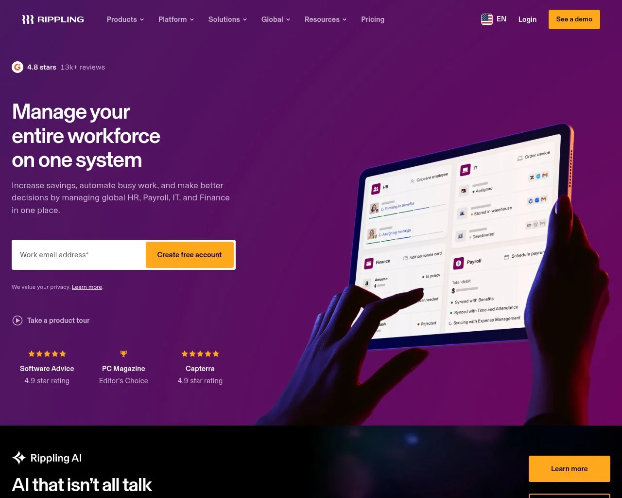 Screenshot of the Rippling website homepage