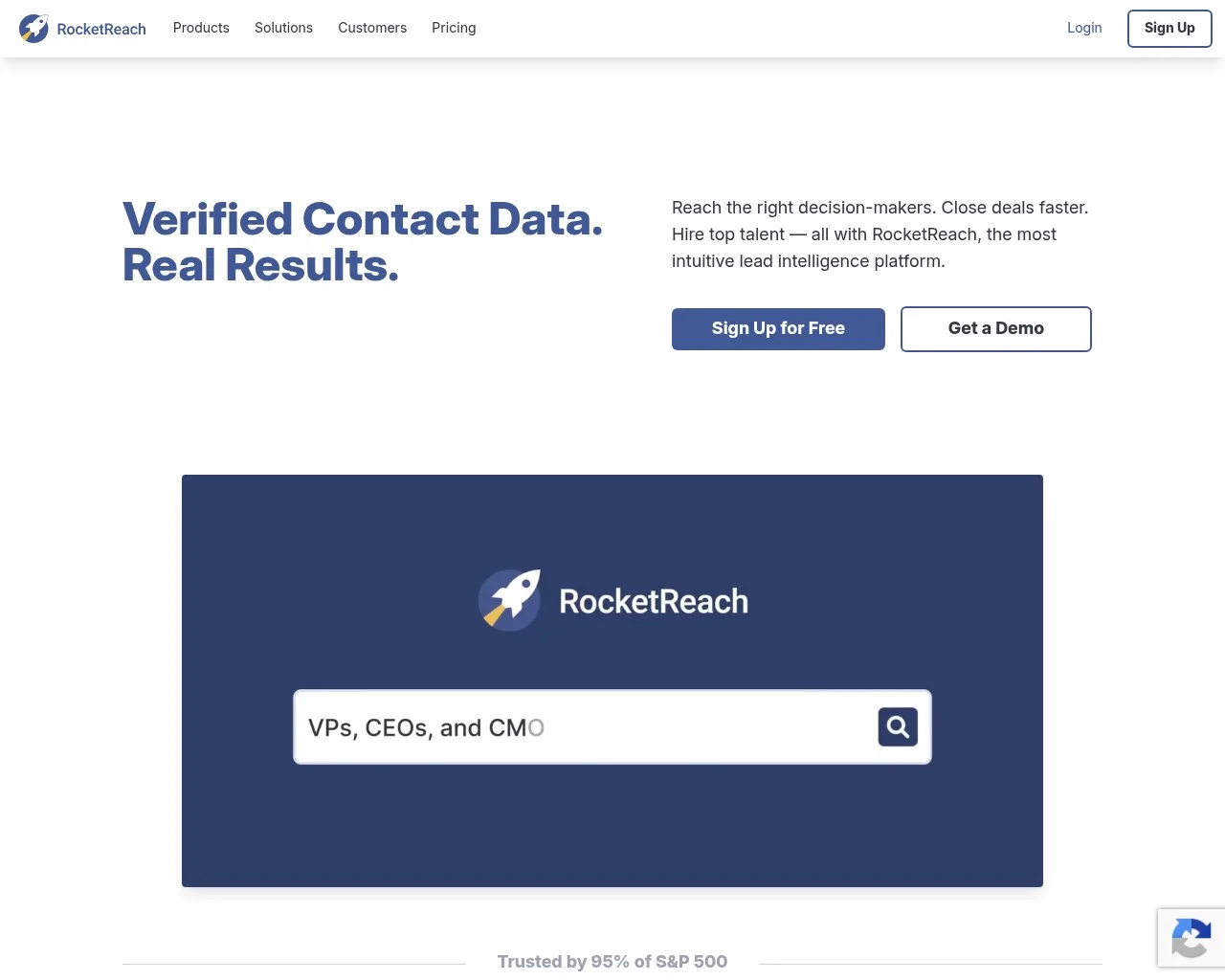 Screenshot of the RocketReach professional database homepage
