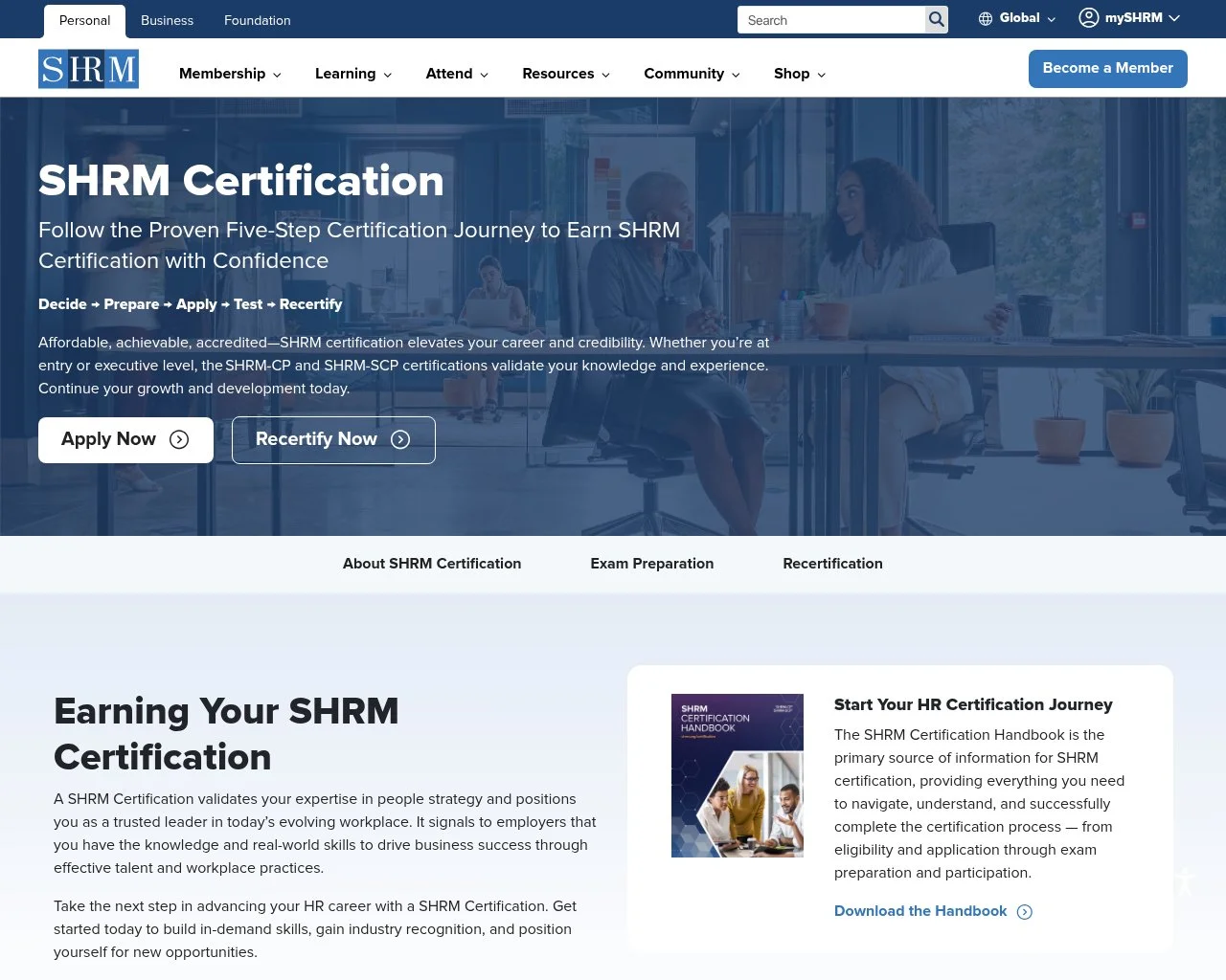 SHRM Certification page screenshot