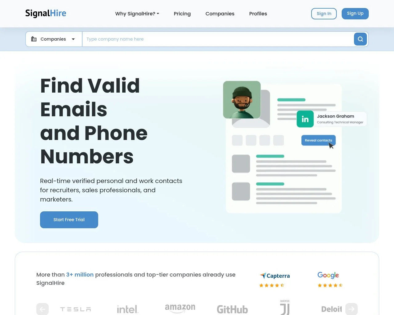 SignalHire multi-platform contact finder homepage