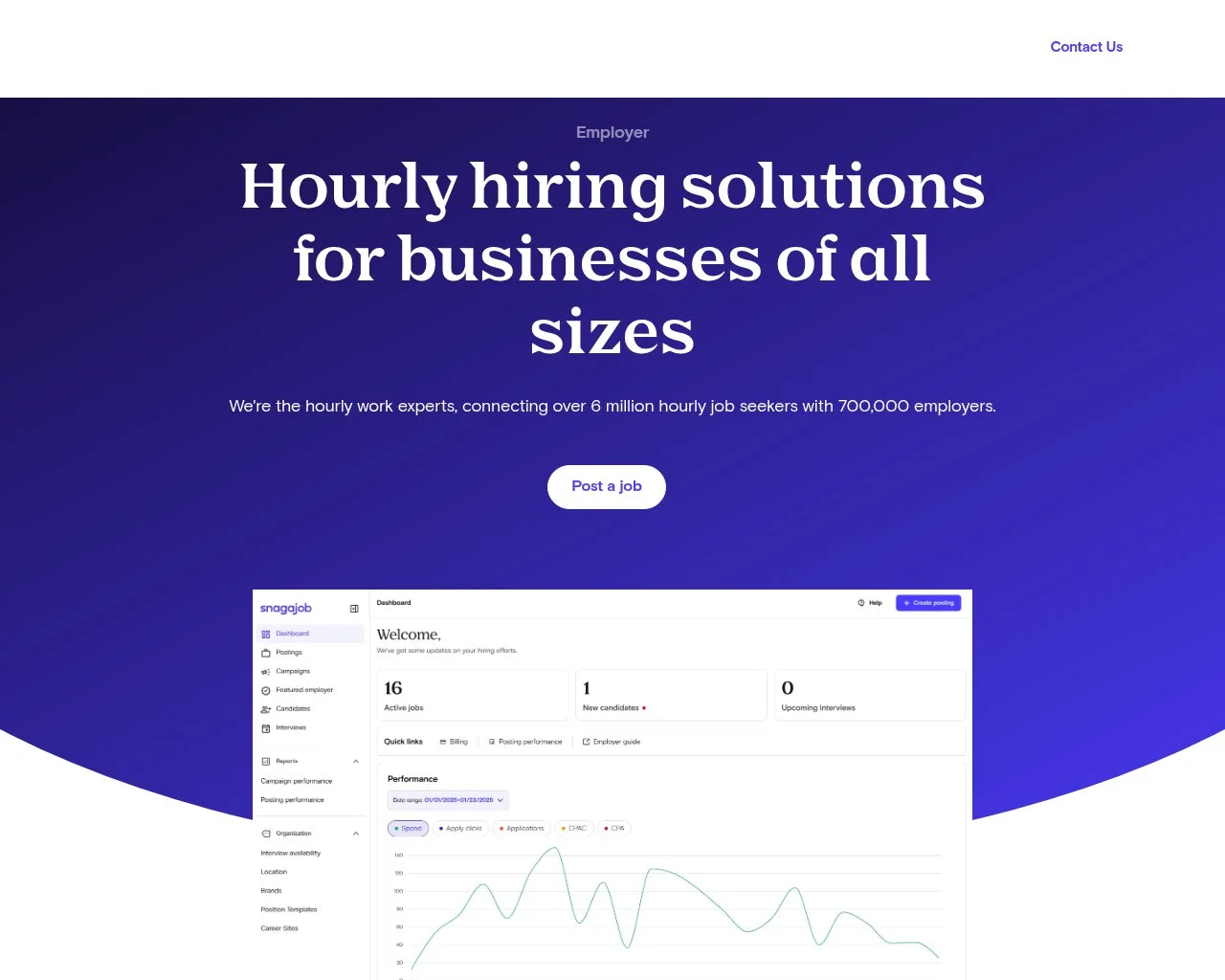 Screenshot of the Snagajob for Employers homepage