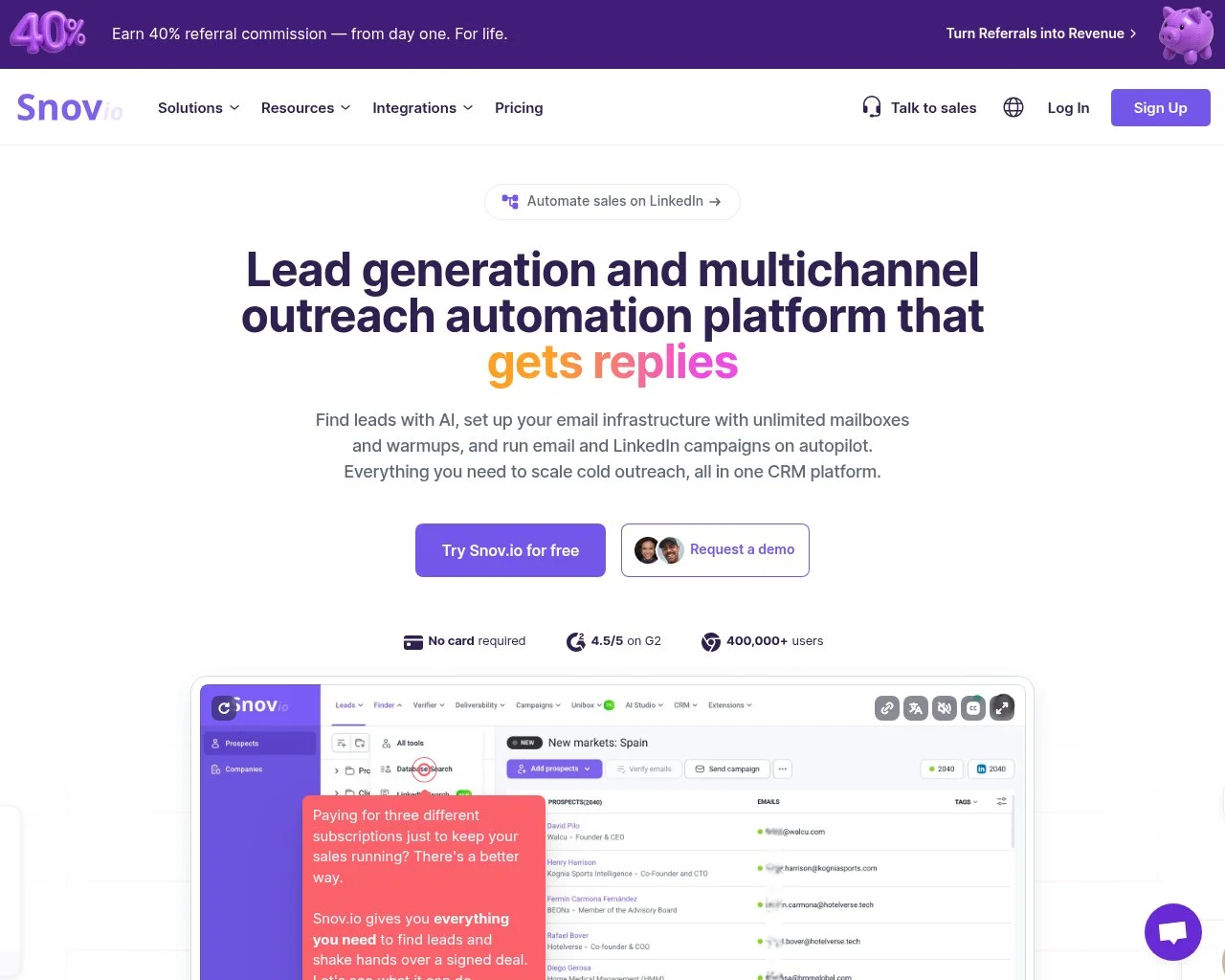 Screenshot of the Snov.io email outreach platform homepage