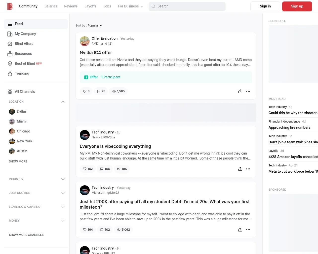 Screenshot of the TeamBlind platform homepage