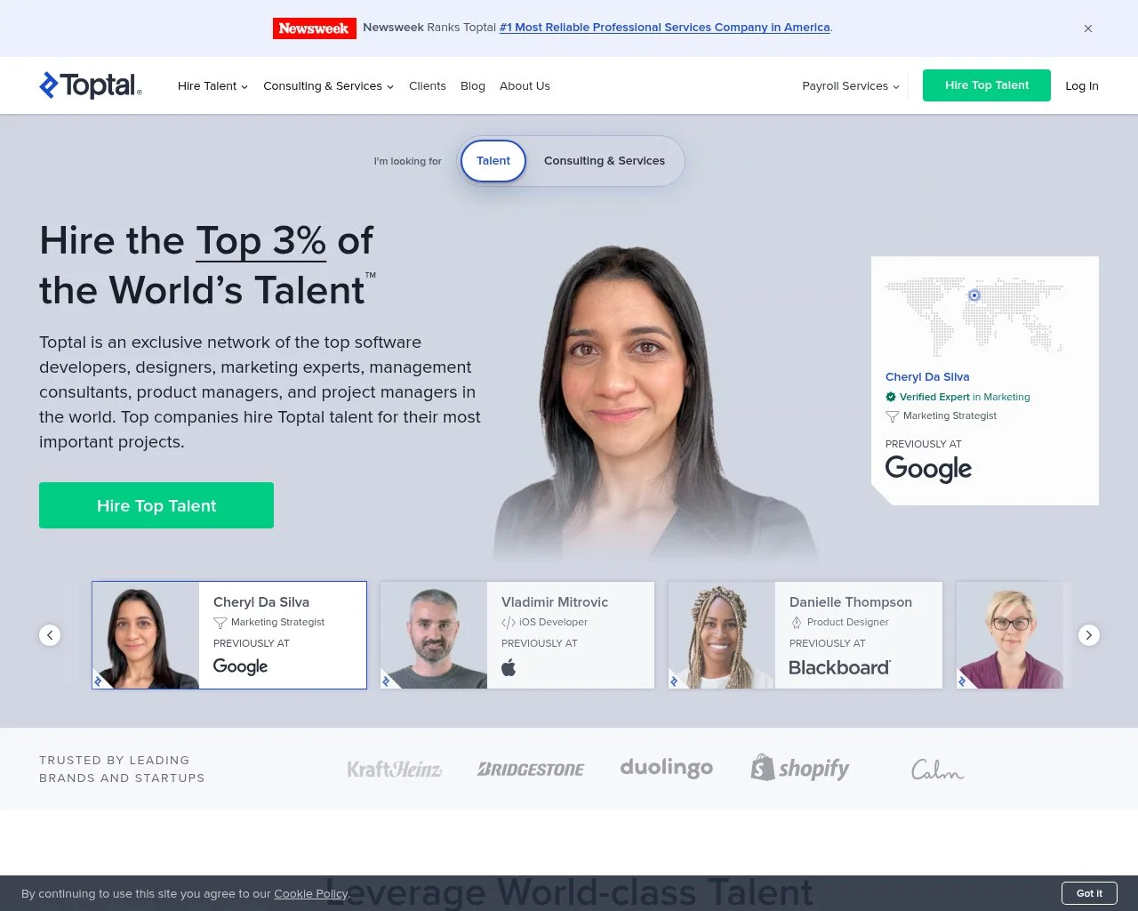 Screenshot of the Toptal website homepage