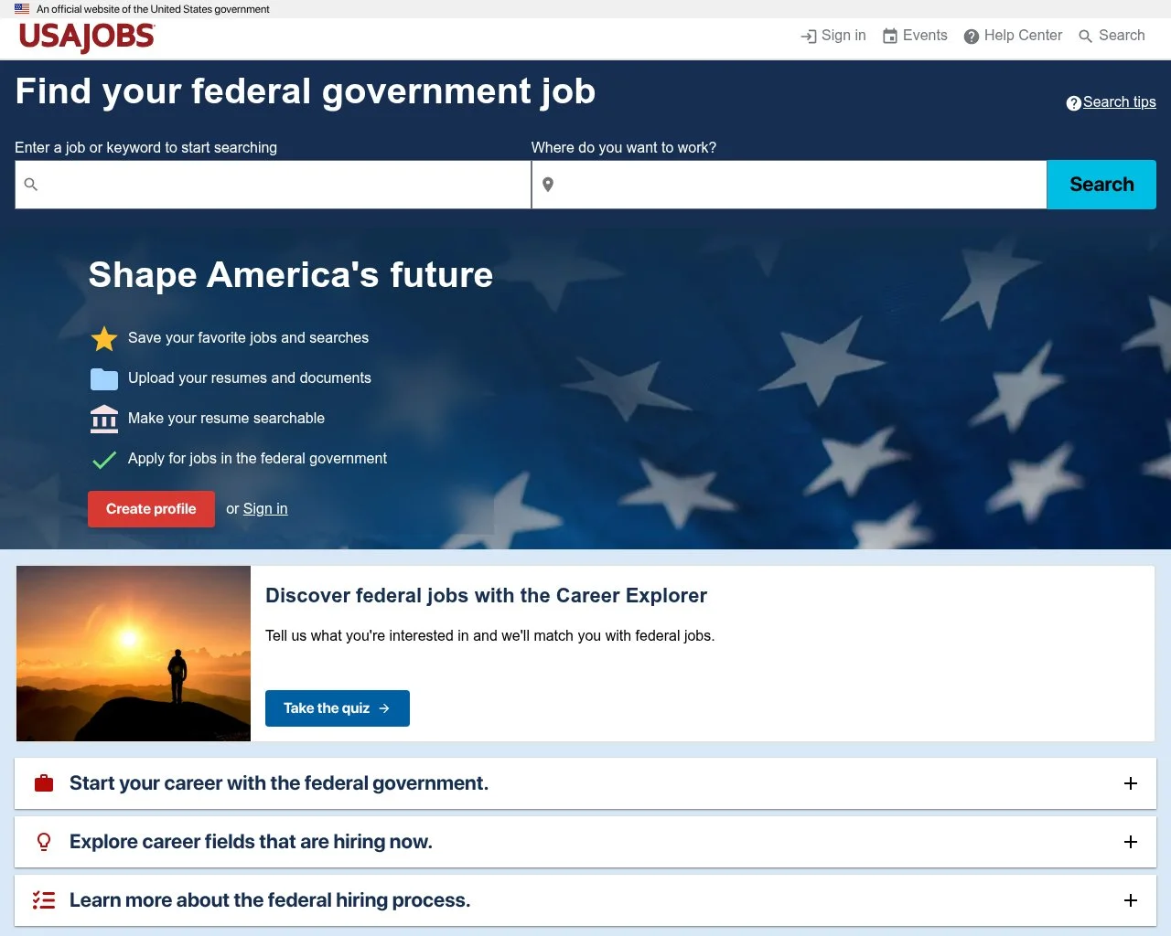 Screenshot of the USAJOBS federal hiring portal homepage