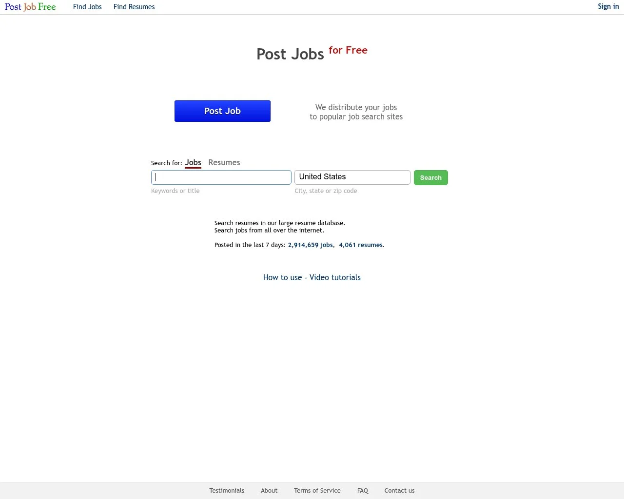 Screenshot of the PostJobFree homepage