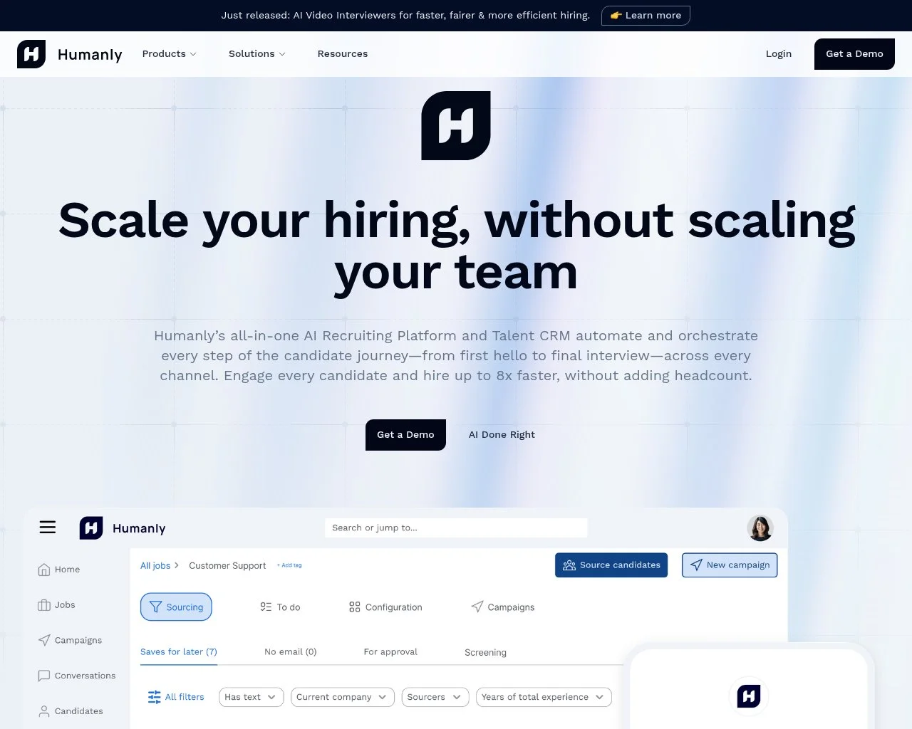 Screenshot of the Humanly AI recruiting platform homepage