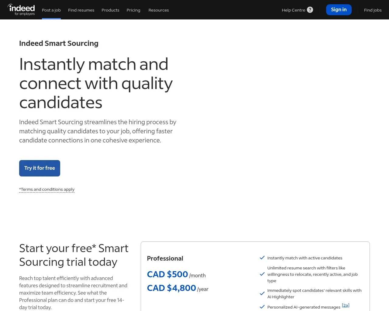 Screenshot of the Indeed Smart Sourcing employer page