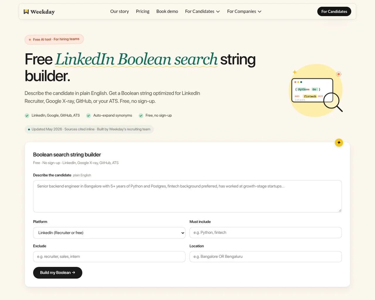 Screenshot of the Weekday Boolean string builder page
