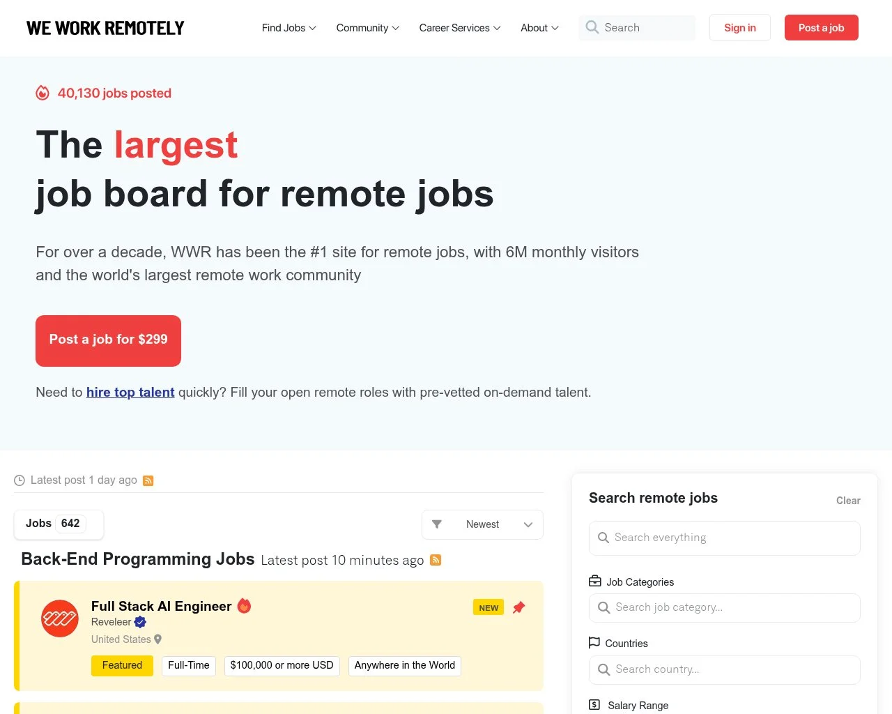 Screenshot of the We Work Remotely homepage