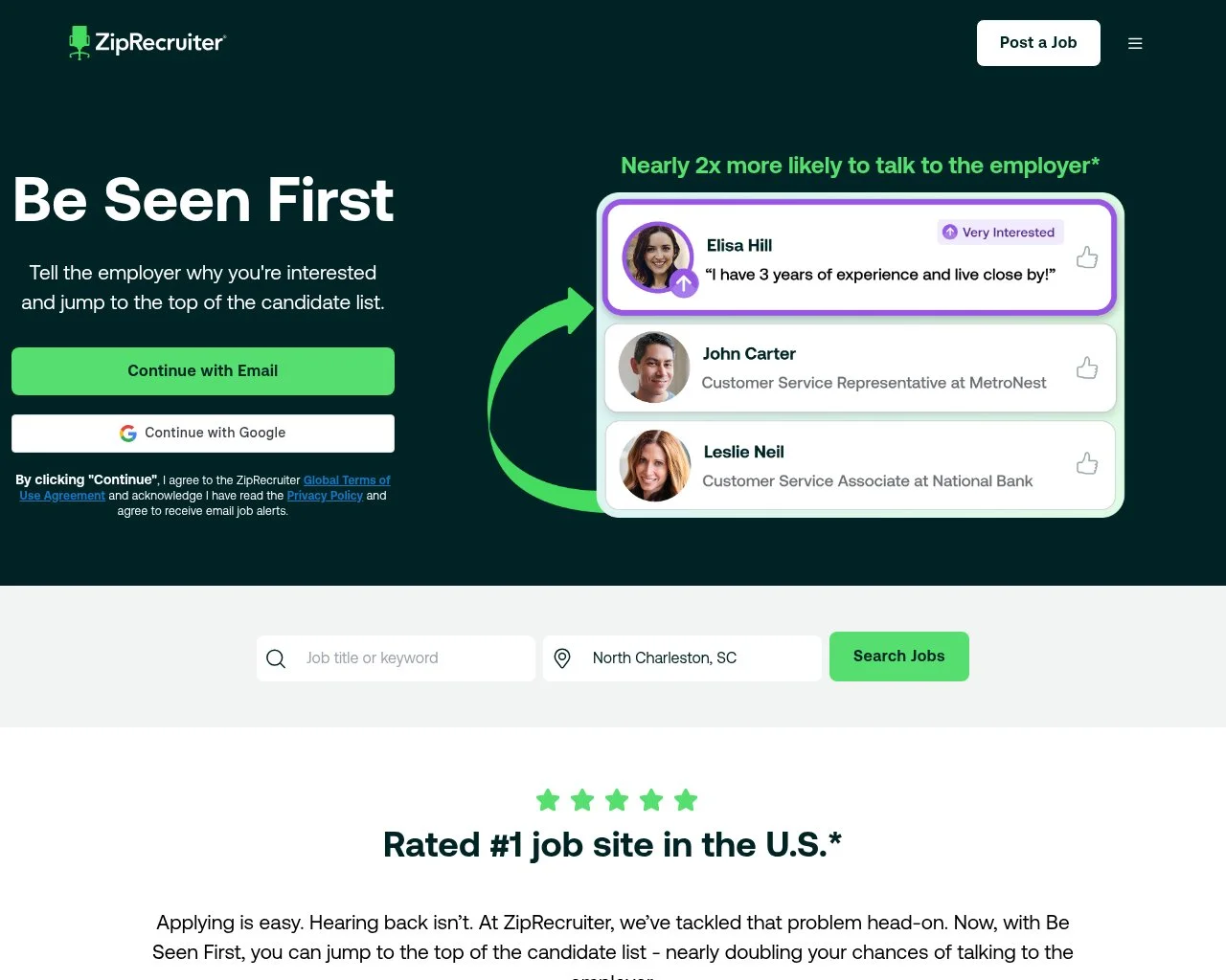 Screenshot of the ZipRecruiter homepage