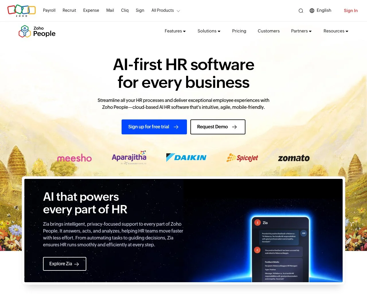 Screenshot of the Zoho People website homepage