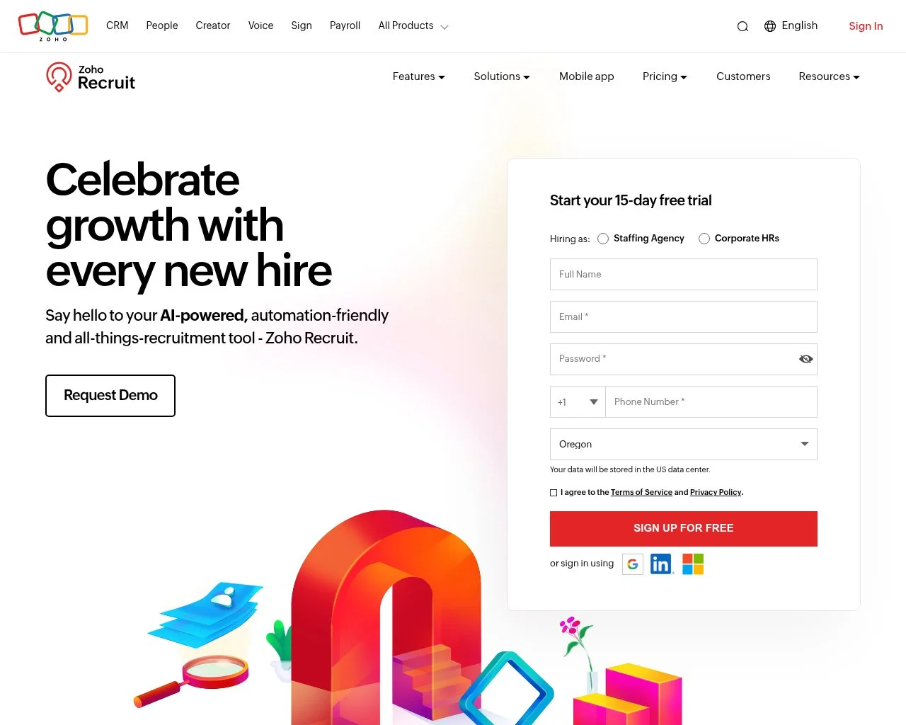 Screenshot of the Zoho Recruit website homepage
