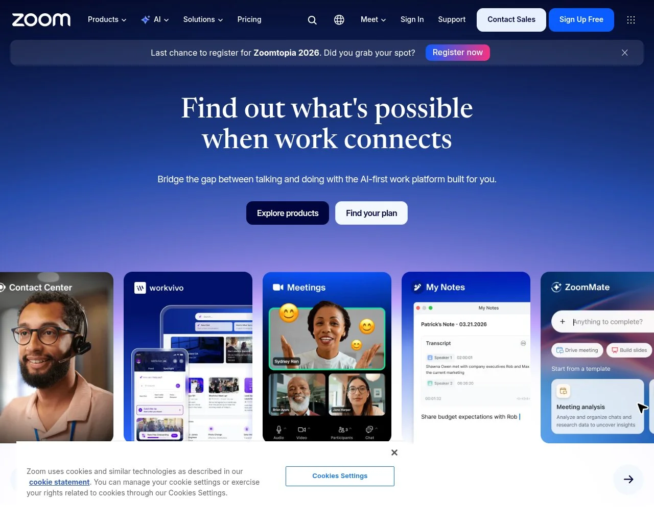 Screenshot of the Zoom website homepage
